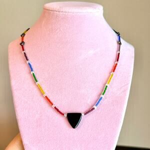 Super Cute Beaded Rainbow and Black Triangle Pride Necklace 18 Inches